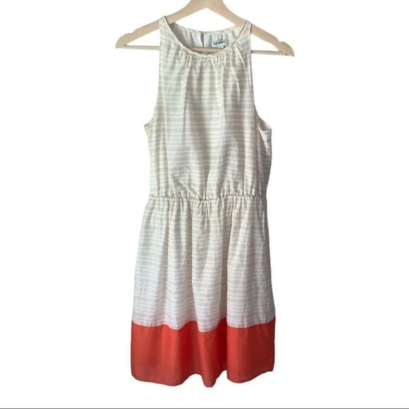 Old Navy Dress Striped Halter Tan White Orange - Picture 1 of 11